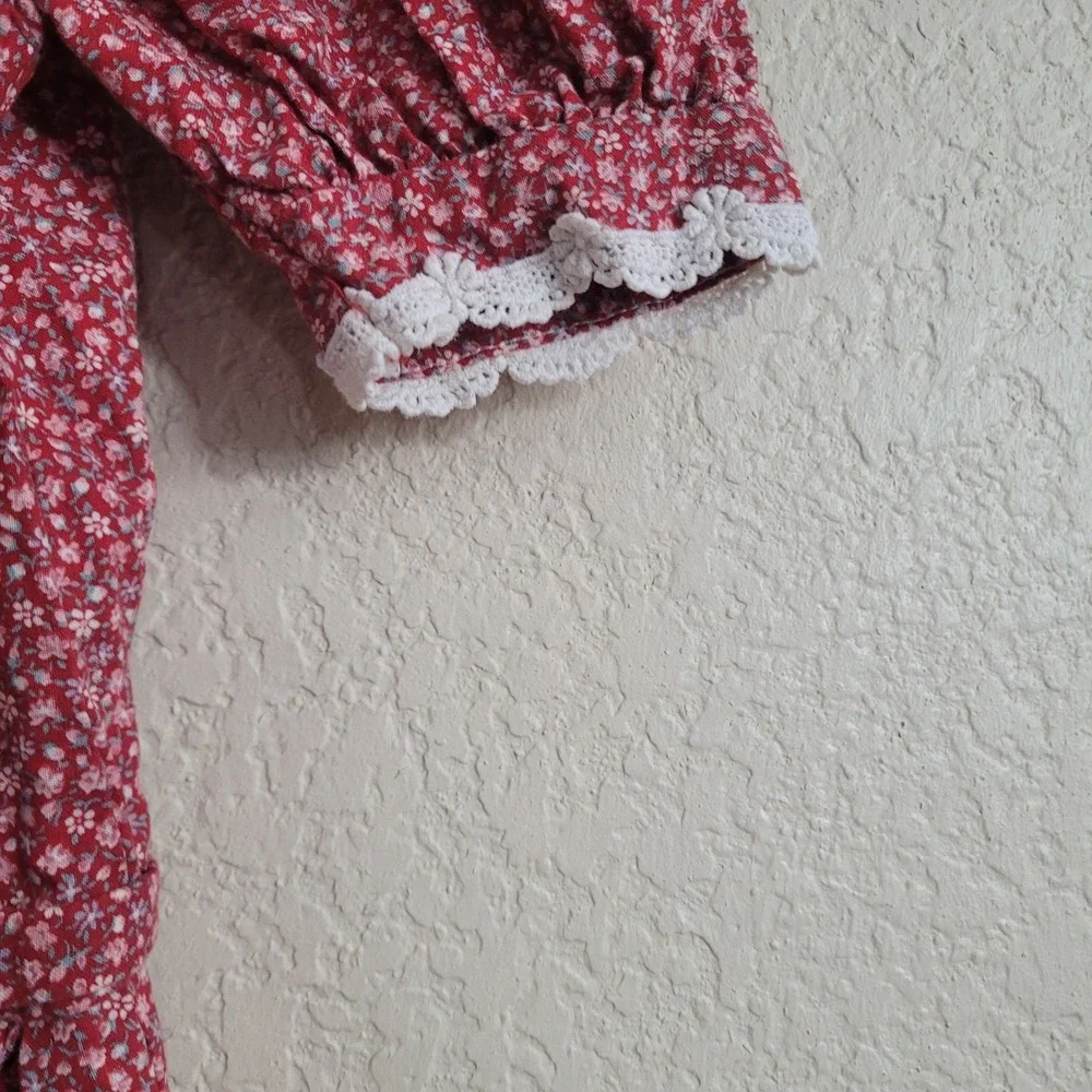 Vintage Sarah Kent 4T Red Floral Puff Sleeve Dress Lace Collared Bow Cottagecore